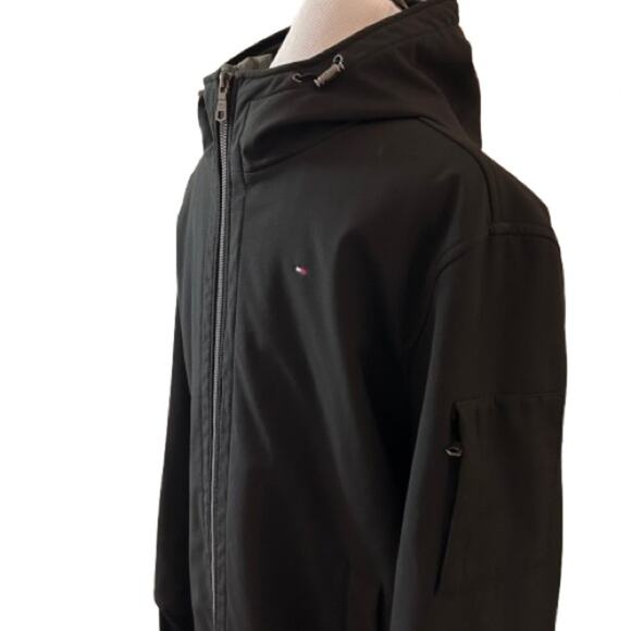 EUC Tommy Hilfiger Black/Green Soft-Shell Hooded Bomber Jacket with Bib. Size M. - Picture 6 of 10